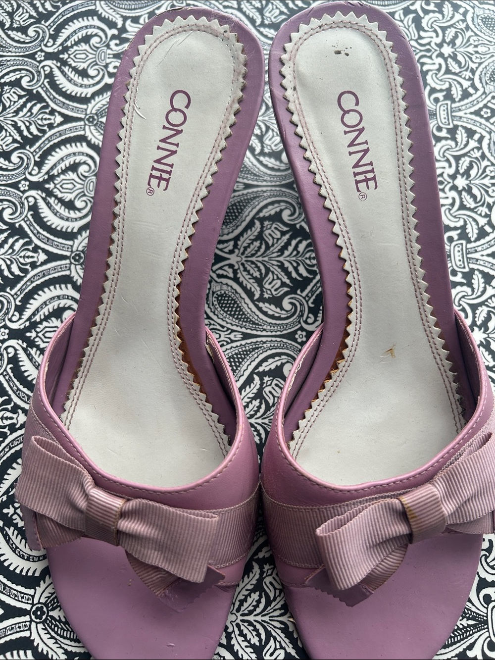 Connie Lavender-Pink Bow Slide Mules wood look heel, 9M, 26006-6, leather upper!